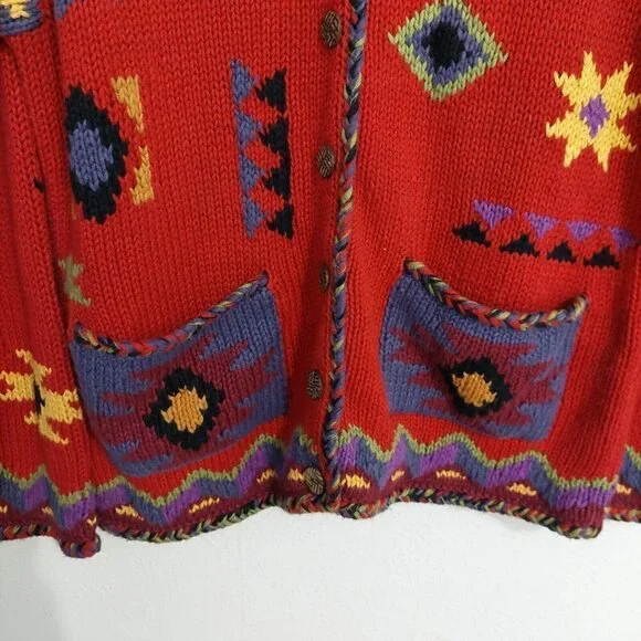 Coldwater Creek Red Southwest Aztec  Geometric Button Down Sweater Jacket Size L - Picture 3 of 9